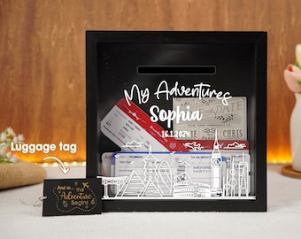 Adventure Memory Box Personalized, Memory Box, Ticket Display, Wooden Keepsake Box, Travel Lover Gift, Frame For Ticket, Travel Gift Idea