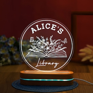 Custom Name&#39;s Library Night Light,  Gift for Bookworm, Book Lover Gift Custom Librarian Gift Book Club Decor Bookish Decor