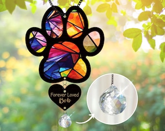 Personalized Dog Memorial Crystal Suncatcher, Loss of Pet Sympathy Gift, Dog Cat Paw Ornament, Rainbow Bridge Dog Remembrance Window Hanging