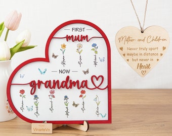 Personalized Birth Month Flowers Gift For Mom, First Mom Now Grandma Sign, Mother's Day Gift, Grandma Gift, Custom Heart Woonden For Nana
