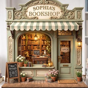 Könnte beinhalten: Miniaturmodell von "Sophia's Bookshop" in Salbeigrün. Es zeigt eine gestreifte Markise, eine verzierte Fassade und eine kleine Tafel mit der Aufschrift "New Arrivals". Der Innenraum ist beleuchtet und zeigt Bücherregale und eine Leseecke.