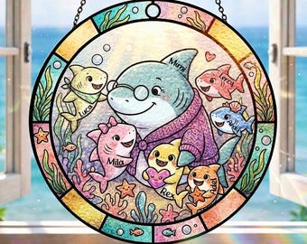 Personalized Shark Grandma Suncatcher Gift Mom Grandma Kids Ocean Nursery Decor, Baby Shark Family Suncatcher Window Hanging Family Keepsake