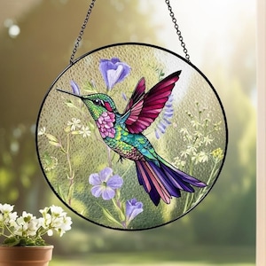 Stained Glass Humming Bird Suncatcher,Hummingbirds and Wild Flowers Stained Glass,Window Hanging,Hummingbird Lover,Home Decor,Gift for Women