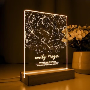 Mapa estelar personalizado con luz nocturna para citas, mapa de constelaciones personalizado, regalo de compromiso, regalo de San Valentín, regalo de aniversario, regalo de pareja, regalo para ella