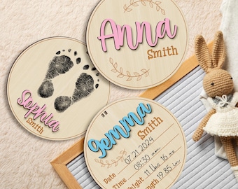 Wooden Birth Announcement Sign, Baby Name & Stats Sign, Personalized Footprint Sign, Newborn Arrival Name Plaque, Custom Baby Announcement