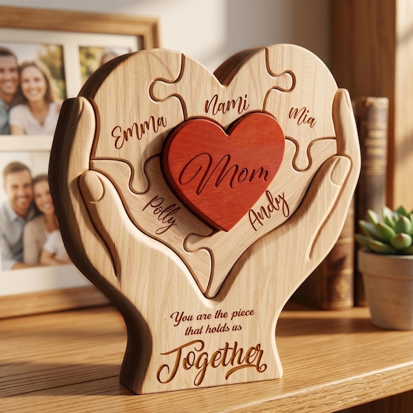 Rompecabezas de madera personalizado para el Día de la Madre, Letrero "Eres la pieza que nos mantiene unidos", Regalo personalizado para mamá de parte de sus hijos, Rompecabezas familiar impreso
