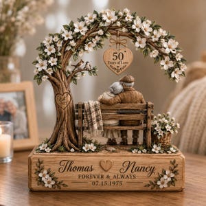 Puede incluir: Una figura decorativa que muestra a una pareja mayor sentada en un banco bajo un árbol en flor. Un letrero en forma de corazón cuelga de una rama con el texto 50 YEARS OF LOVE. La base está grabada con Thomas, Nancy, FOREVER & ALWAYS y 07.15.1975.