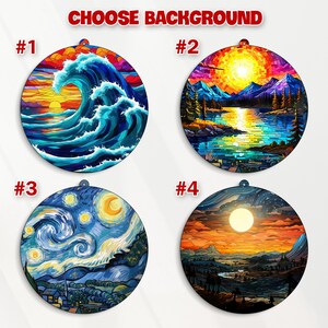 May include: Four round ornaments with different landscape designs. The first shows a large ocean wave. The second depicts a mountain lake scene. The third has a starry night design. The fourth shows a sunset over a mountain range. Text at the top says "CHOOSE BACKGROUND".