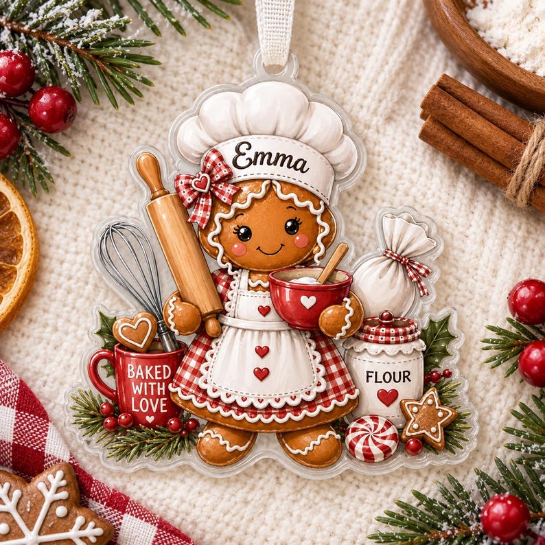 May include: A gingerbread person ornament wearing a chef hat with the name Emma, a red and white checkered apron, and holding a wooden rolling pin and a red bowl. The ornament features a red mug labeled Baked With Love, a flour jar, and cookies.