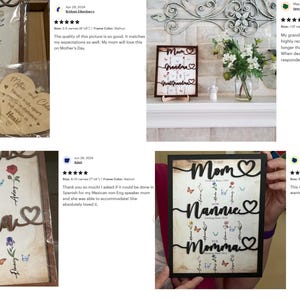 May include: A wooden sign with the word "Mom" and the words "Nannie" and "Momma" written in a cursive font. The sign is decorated with butterflies and flowers. The sign is a personalized gift for a mother.