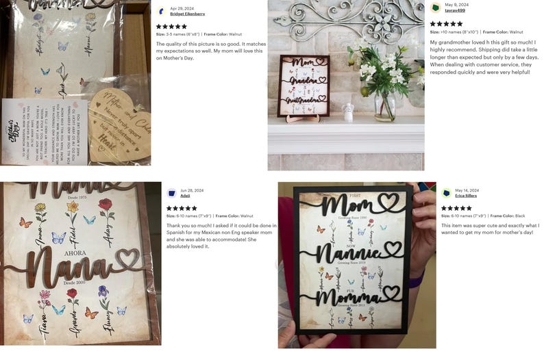 May include: A wooden sign with the word "Mom" and the words "Nannie" and "Momma" written in a cursive font. The sign is decorated with butterflies and flowers. The sign is a personalized gift for a mother.