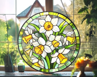 Atrapasueños de vidrio con forma de narciso, flores colgantes para ventana del mes de nacimiento de marzo, regalos para amantes de las plantas, decoración de jardín de flores, regalo para mamá