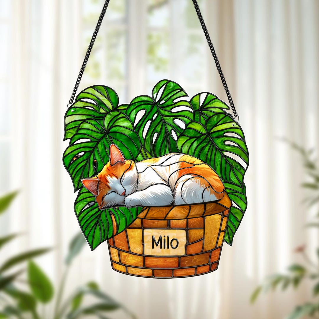 Custom Cat Monstera Acrylic Suncatcher,faux Stained Glass Monstera ...