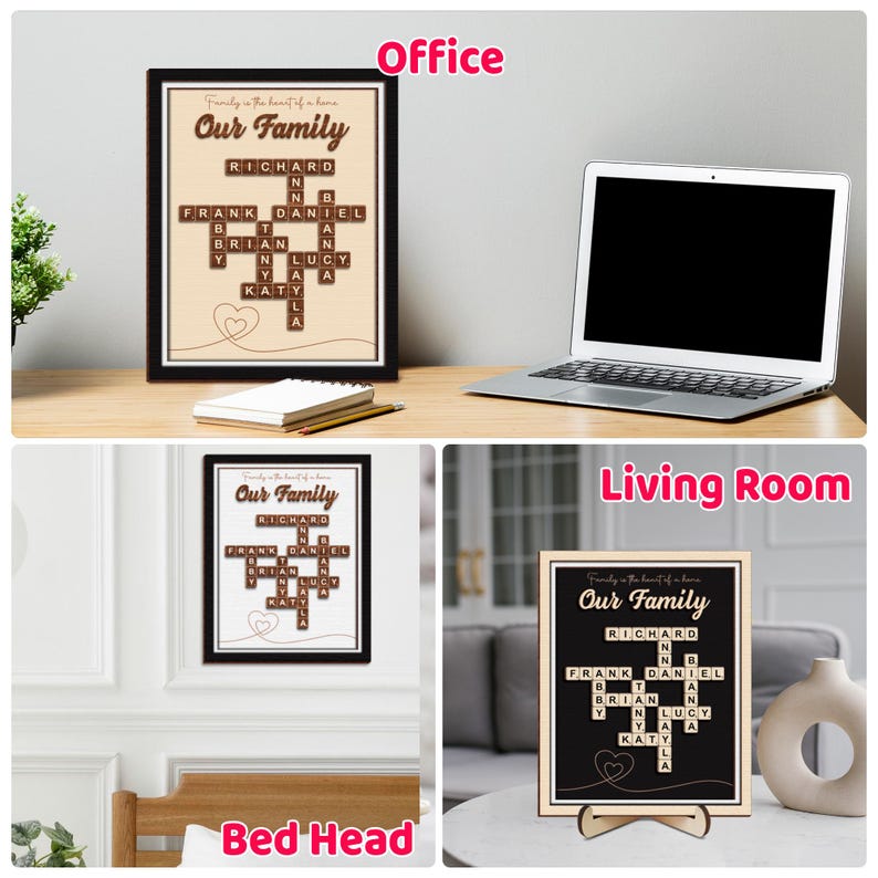 May include: A framed print with a brown background and white letters spelling out "Our Family" in a crossword puzzle style. The names Richard, Frank, Daniel, Brian, Lucy, and Katy are included in the puzzle. The print is shown in three different locations: an office, a living room, and a bedroom.