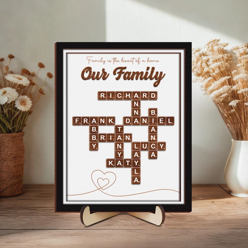 May include: A framed print with the words "Family is the heart of a home" and "Our Family" in a brown wood-like font. The names Richard, Frank, Daniel, Brian, Lucy, and Katy are spelled out in a crossword puzzle format using brown wooden letter tiles.