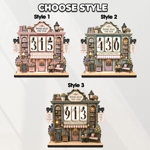 May include: Three miniature bookstore displays labeled Style 1, Style 2, and Style 3. Each features a facade with the text BOOKS READ THIS YEAR, SOPHIA'S BOOKSTORE, and various signs. The displays show numbers 315, 430, and 913 respectively.