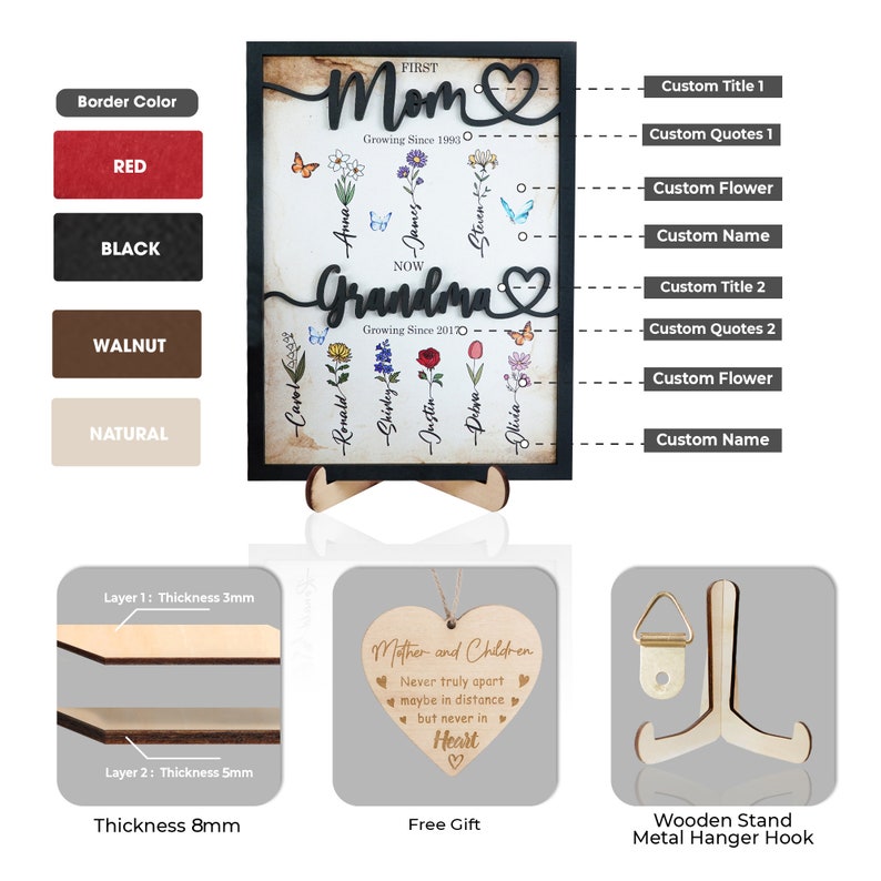 May include: Personalized wooden sign with a black frame and a heart design. The sign says "Mom" and "Grandma" with the years they became a mom and grandma. The sign also includes a list of names and flowers. The sign comes with a wooden stand and a metal hanger hook. It also includes a free gift of a heart-shaped wooden sign that says "Mother and Children Never truly apart maybe in distance but never in Heart".