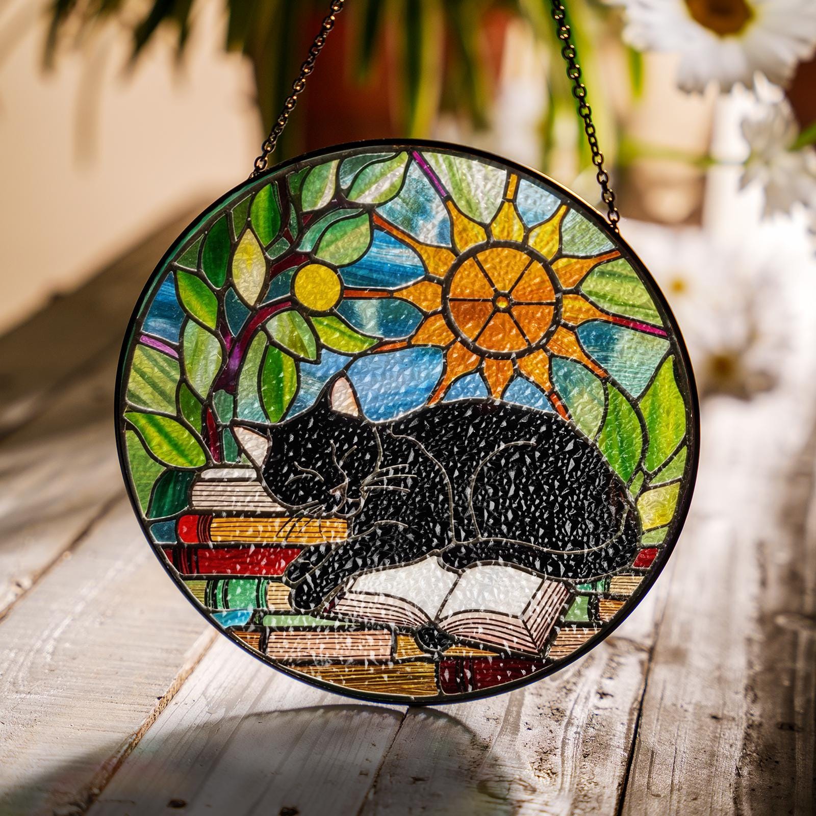 Black Cat on Book Stained Glass Suncatcher Window Hanging Custom ...