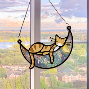 Cat Memorial Suncatcher Sleeping Cat on Moon Loss of Pet Sympathy Gift Handmade Name Cat Ornament Cat Lovers Gifts Cat Passing Remembrance image 6