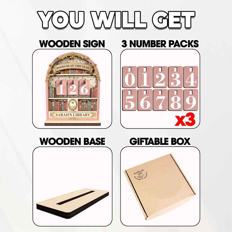 May include: A wooden sign with a pink bookshelf design, number packs, a wooden base, and a giftable box. The sign reads "BOOKS READ THIS YEAR" and "SARAH'S LIBRARY". The number packs contain digits 0-9. The text "YOU WILL GET" is at the top.