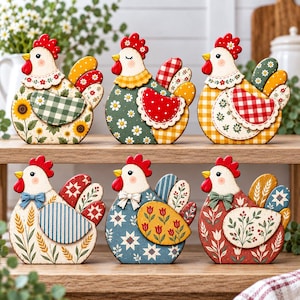 May include: Six decorative wooden chicken figurines arranged on two shelves. Each chicken features a unique combination of patterns including sunflowers, gingham, polka dots, wheat stalks, and floral motifs in vibrant red, yellow, blue, and green colors.