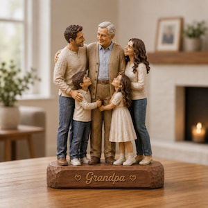 May include: A multi-generational family figurine featuring an older man in a tan cardigan standing with a younger man, a younger woman, a young boy, and a young girl. The figures stand on a dark wood base with the engraved text "Grandpa" and two hearts.