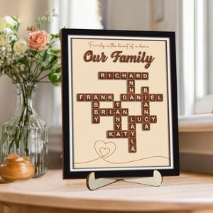 May include: A framed print with a beige background and brown wooden letters spelling out the names "Richard", "Frank", "Brian", "Katy", "Daniel", "Lucy" in a crossword puzzle format. The text "Family is the heart of a home" and "Our Family" is printed in brown at the top of the print.