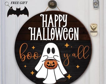 Niestandardowa dekoracja drzwi wejściowych na Halloween, wieszak na drzwi na Halloween, znak na drzwi z duchami BOO, wieniec na Halloween, znak powitalny na ganku, wystrój domu, upiorny duch