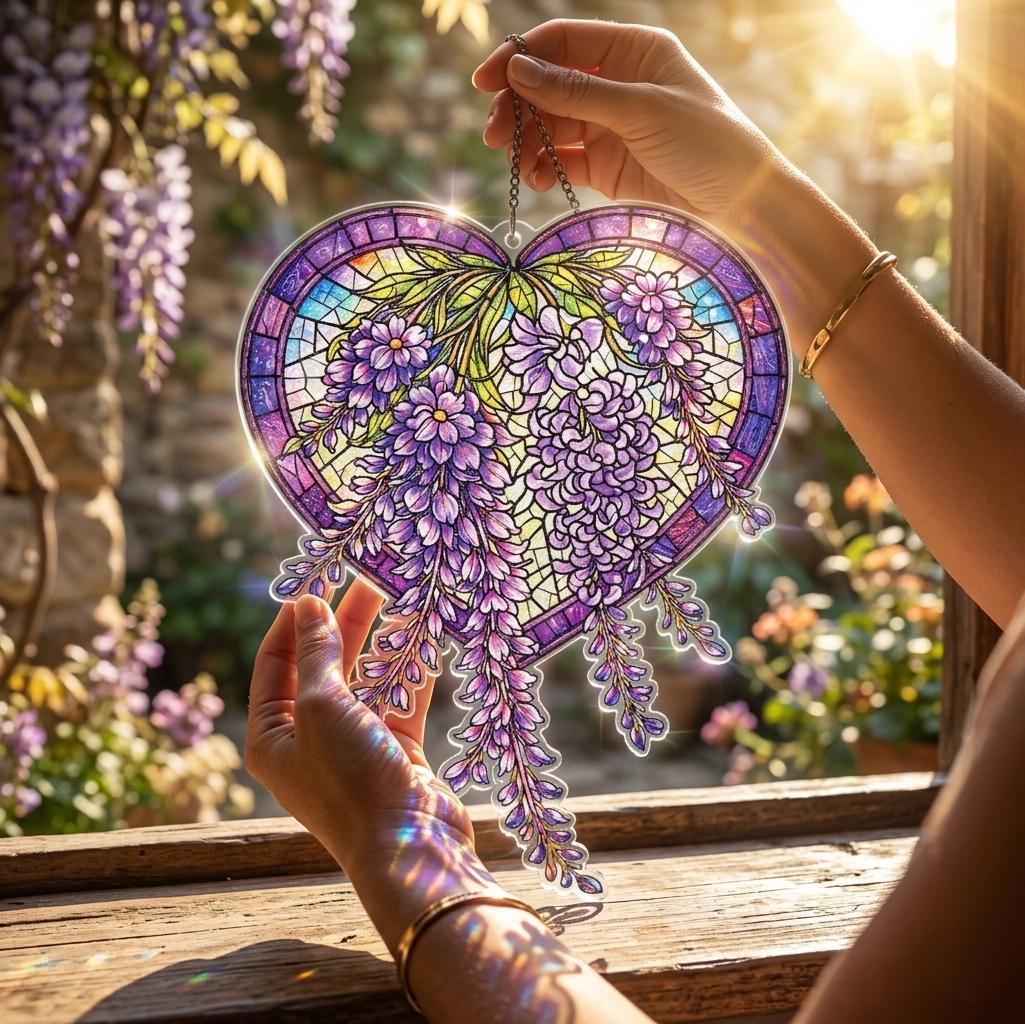 Wisteria Suncatcher, Faux Stained Glass Botanical Acrylic Suncatcher ...