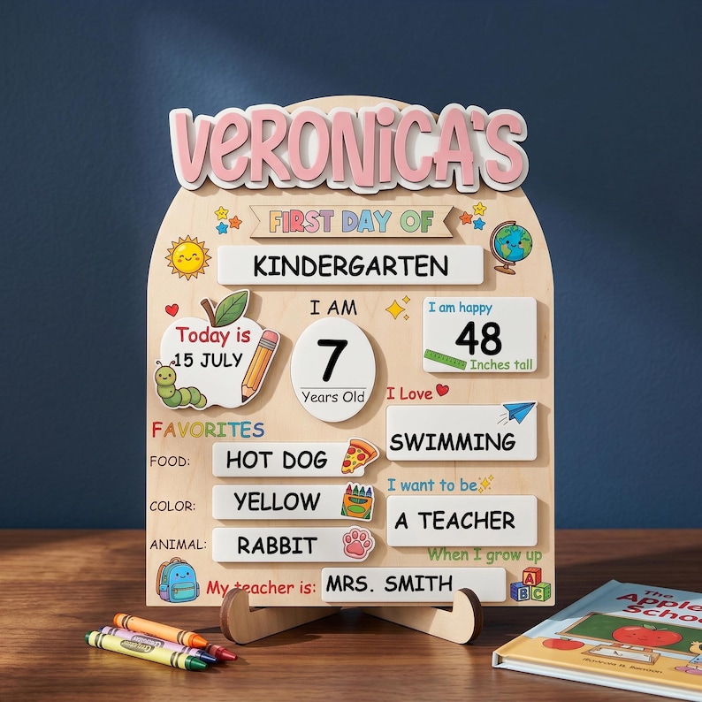 May include: Wooden first day of school sign for Veronica, with pink lettering. Includes details like age, height (48 inches), favorites (hot dog, yellow, rabbit), and teacher's name.