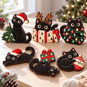 May include: A collection of six black cat figurines with holiday themes. One wears a Santa hat next to a tree, one sits in a gift box with reindeer antlers, one is wrapped in colorful lights, one lies down, one plays with a gift, and one holds a bauble.