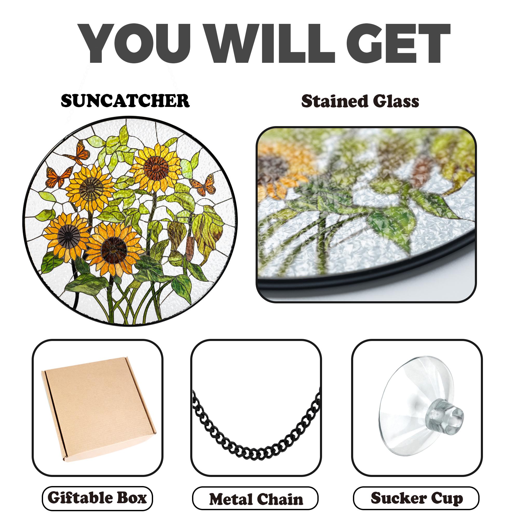 Handgefertigter Buntglas-Sonnenfänger 'California Poppies & Monarch Schmetterlinge', 20 Cm Quadratisch – Echtglas, Mit Kette, Für Fenster, Wand Oder Garten
