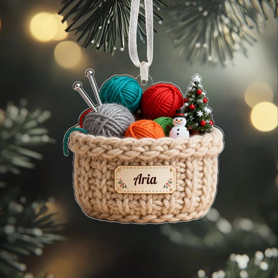 Knitting Basket Christmas Ornament, Custom Name Yarn Christmas Decor for Knitters, Crochet Lover Holiday Decor, Knitter Lovers Xmas Gift