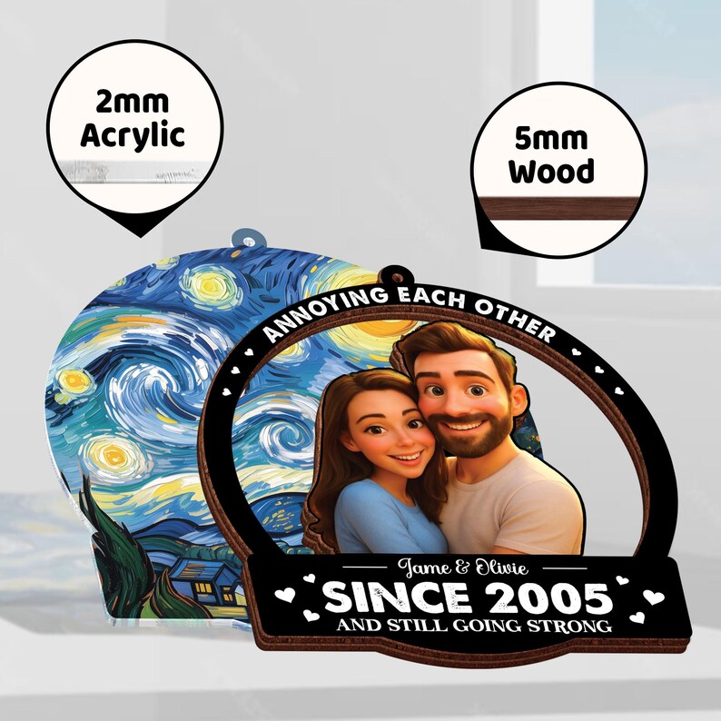 May include: A personalized wooden photo frame with a cartoon couple image, the text "ANNOYING EACH OTHER SINCE 2005 AND STILL GOING STRONG", and a background inspired by Van Gogh's "Starry Night". The frame is 5mm thick.
