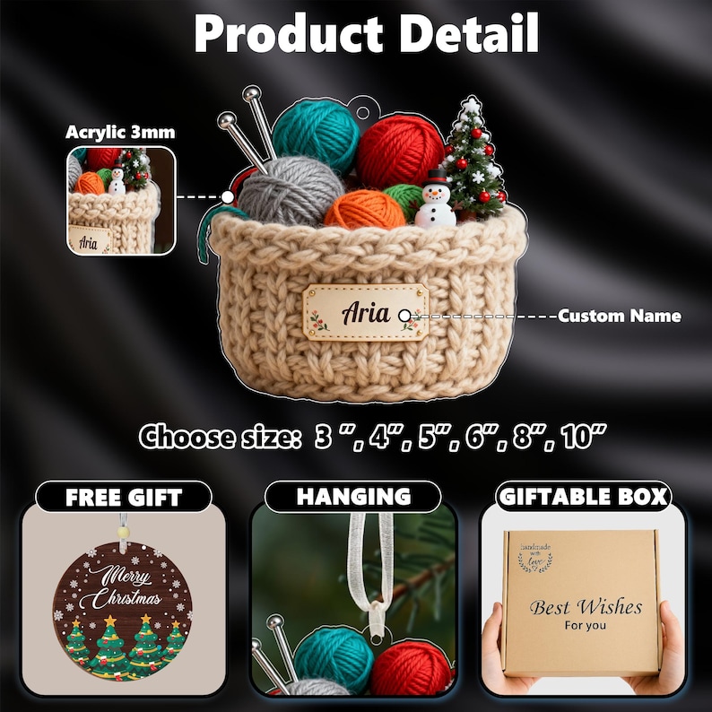 Puede incluir: Una cesta beige tejida llena de bolas de hilo coloridas, agujas de tejer y un peque&ntilde;o &aacute;rbol de Navidad. La cesta tiene una etiqueta con el nombre "Aria". Tambi&eacute;n se ve el texto "Product Detail" y "Choose size: 3", 4", 5", 6", 8", 10".