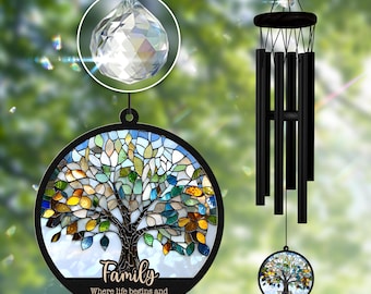 Campanelli eolici personalizzati per la famiglia, acchiappasole con albero della vita, regalo per la famiglia, regalo per la festa della mamma, campanelli eolici con albero genealogico, regalo per mamma e papà, regalo ricordo per la famiglia