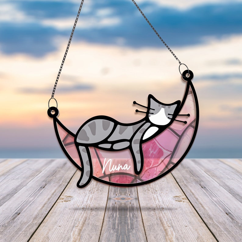 Cat Memorial Suncatcher Sleeping Cat on Moon Loss of Pet Sympathy Gift Handmade Name Cat Ornament Cat Lovers Gifts Cat Passing Remembrance zdjęcie 1