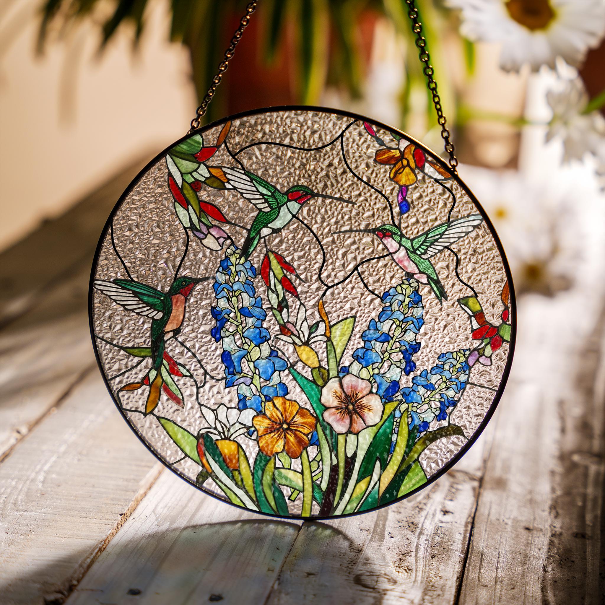 RIVEENY Glas-in-lood Kolibrie Suncatcher – Handgeschilderd, Dubbelzijdig, 20 Cm, Met Ketting En Zuignap