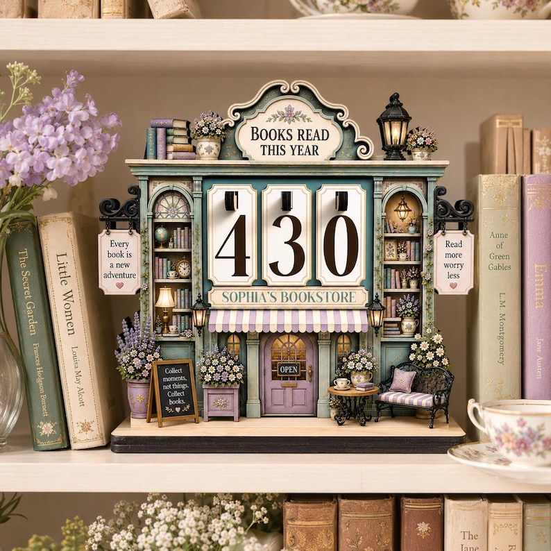 May include: A decorative tabletop calendar shaped like a bookstore facade with the text BOOKS READ THIS YEAR and SOPHIA'S BOOKSTORE. It features a teal and purple color scheme, miniature shelves with books, a small bench, and a sign reading Every book is a new adventure.