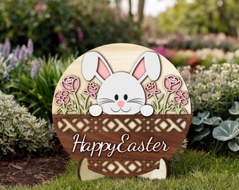 Cartello Di Legno Pasquale Happy Easter Con Coniglietto: Decorazione Rustica Per Porta O Parete, 30x30 Cm - 5