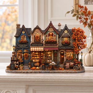 May include: A detailed miniature village display featuring four connected buildings: Autumn Tales Bookshop, Harvest Bakery, Cinnamon Tea Room, and Maple Cottage. The scene includes warm interior lighting, autumn foliage, pumpkins, and a small bicycle.