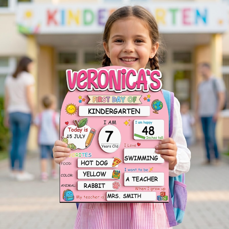 May include: A pink first day of kindergarten sign with the name "Veronica's" at the top. The sign includes the date, age, height (48 inches), favorite food (hot dog), color (yellow), and animal (rabbit).