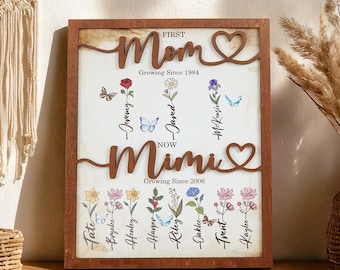Personalized Birth Flower Grandma Sign, First Mom Now Grandma, With Kids Names, Garden Gift, Custom Mother&#39;s Day Gift For Mom, Great Grandma