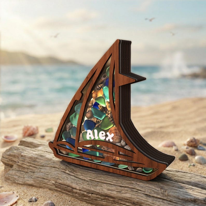 Ocean Frame Box Sailboat Sea Glass Display Box, Coastal Decor Shadow Box, Seashell ...