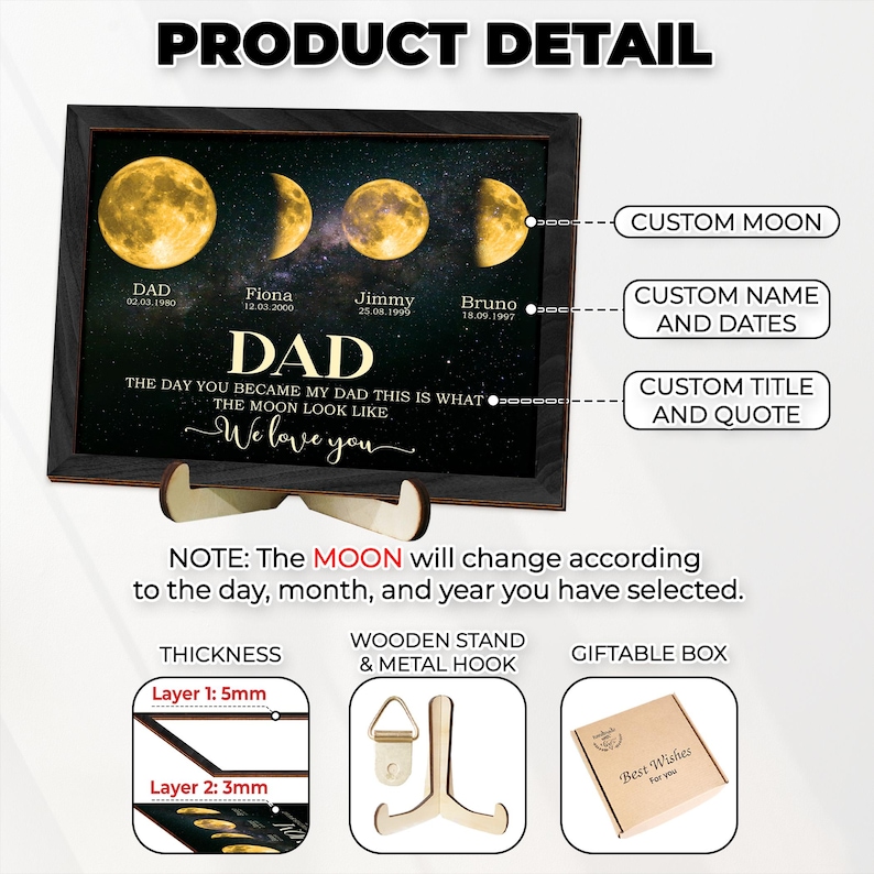 May include: A framed print featuring phases of the moon, personalized with names and dates. The print includes the text "DAD" and "We love you". The product details show a wooden stand, metal hook, and gift box.