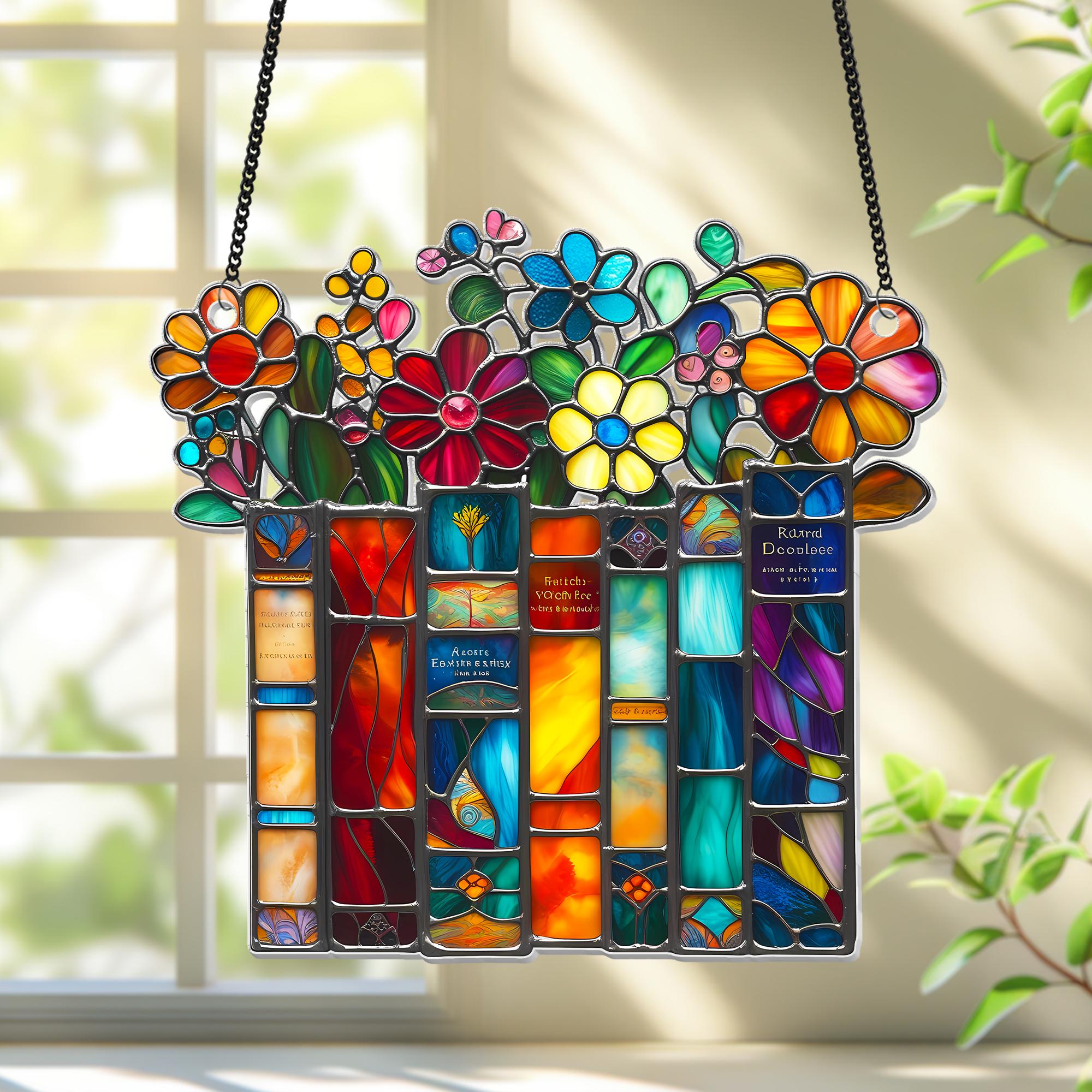 Flower Book Acrylic Suncatcher Window Hanging,Library Book Decor Home,Book Club Lover Gift,Librarian Gift,Bookish Library Decor,Gift For Her