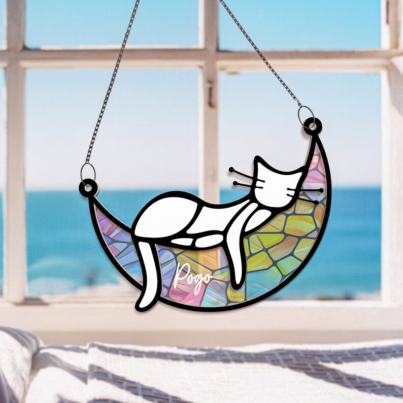 Cat Memorial Suncatcher Sleeping Cat on Moon Loss of Pet Sympathy Gift Handmade Name Cat Ornament Cat Lovers Gifts Cat Passing Remembrance zdjęcie 6