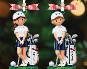 Personlig julgransprydnad för golfare, golfryggsäck, present till golfälskare, golfspelare, golfklubbsminnessak, present till proffsgolfare, namngiven golfälskare