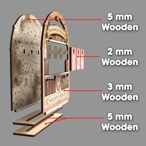 May include: A disassembled wooden bookshelf with pink and floral accents. The bookshelf has shelves, hooks, and a counter for tracking books read. The text "BOOKS READ THIS YEAR" and "SARAH'S LIBRARY" are visible. The wooden pieces are 5 mm, 2 mm, and 3 mm thick.