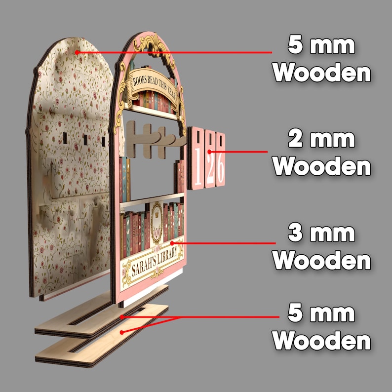 May include: A disassembled wooden bookshelf with pink and floral accents. The bookshelf has shelves, hooks, and a counter for tracking books read. The text "BOOKS READ THIS YEAR" and "SARAH'S LIBRARY" are visible. The wooden pieces are 5 mm, 2 mm, and 3 mm thick.